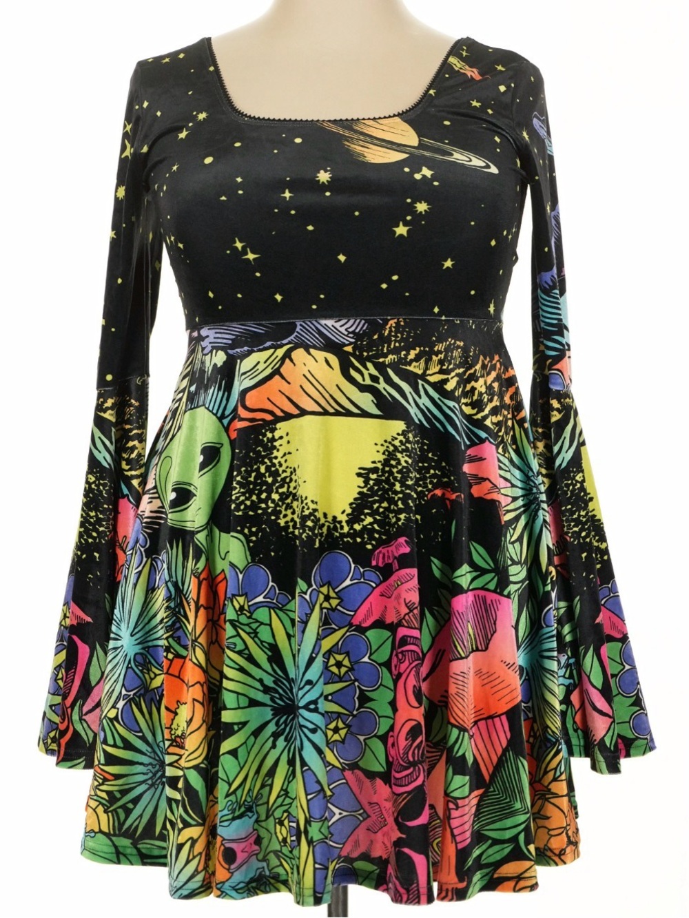 Current Mood Black Multicolor Space Alien Floral Skater Dress